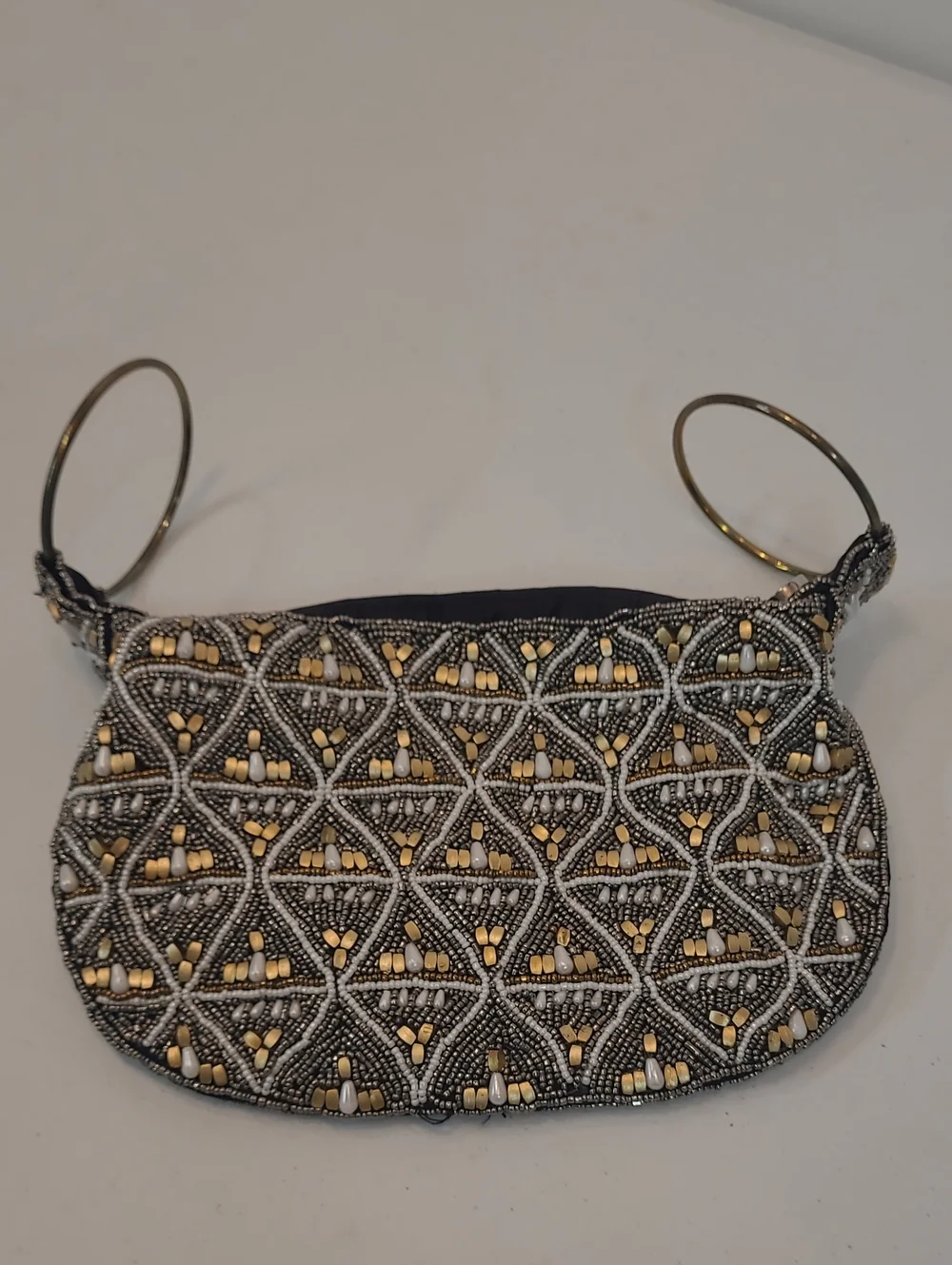 Versona Embellished Black and Gold Metallic & Pearls Evening Dressy Wristlet Bag